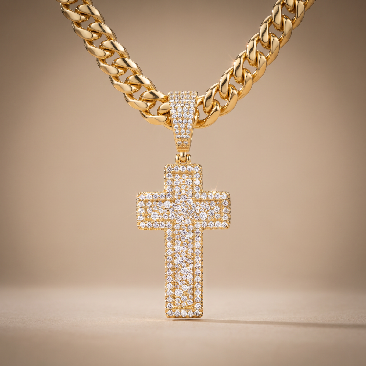 14k Gold Iced Out 3D Layered Cross Pendant - Small