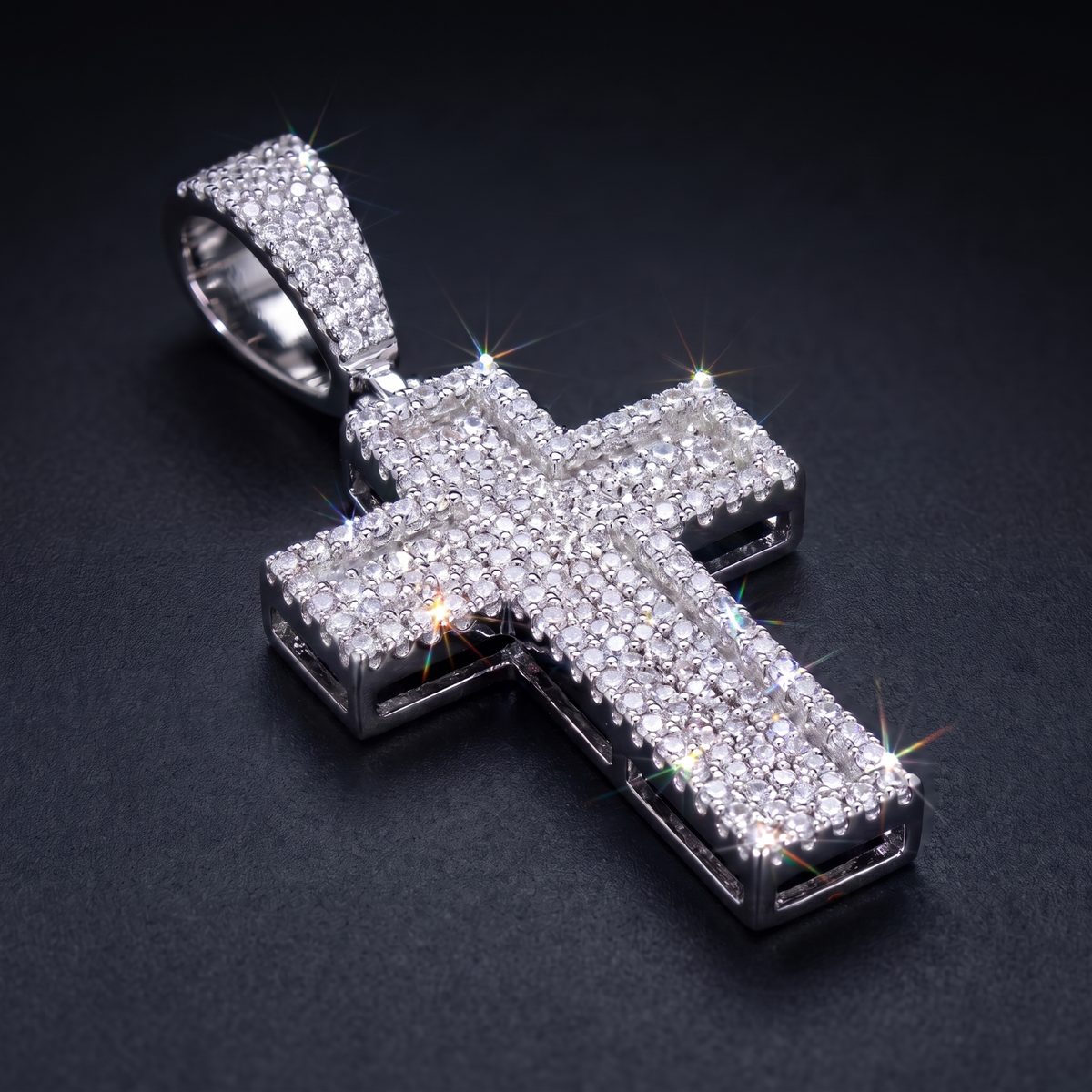 14k White Gold Iced Out 3D Layered Cross Pendant - Large