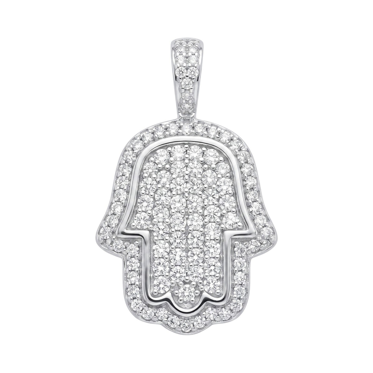 14k White Gold Iced Out Hamsa Hand Pendant - Medium