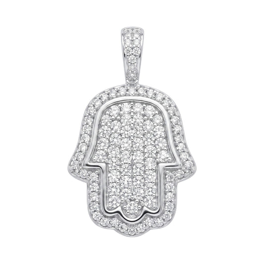 14k White Gold Iced Out Hamsa Hand Pendant - Medium