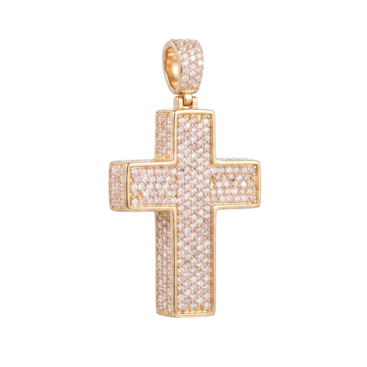 14k Gold Iced Out 3D Cross Pendant - Small