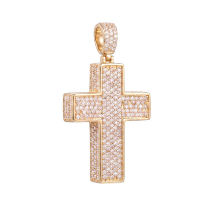 14k Gold Iced Out 3D Cross Pendant - Small