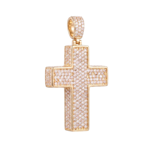 14k Gold Iced Out 3D Cross Pendant - Small