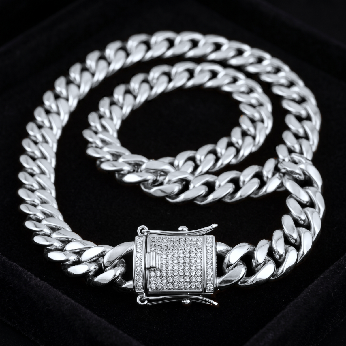 14k White Gold 10mm Miami Cuban Chain Necklace Diamond Clasp