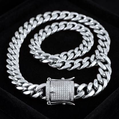 14k White Gold 10mm Miami Cuban Chain Necklace Diamond Clasp