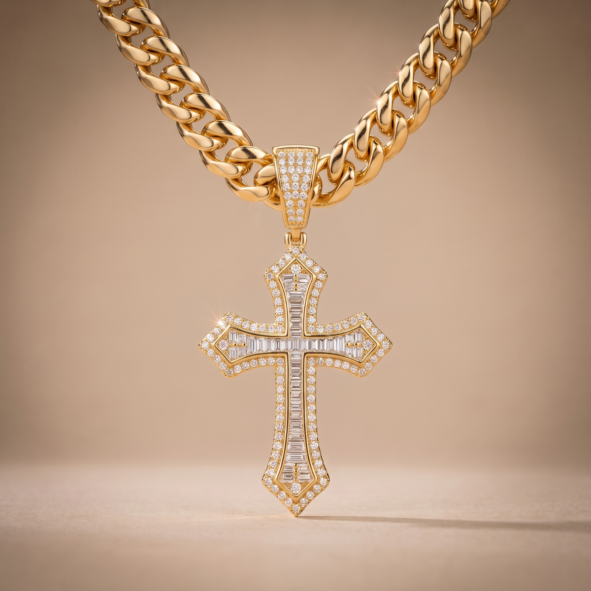 14k Gold Iced Out Baguette Cross Pendant