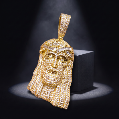 14k Gold Iced Out Jesus Face Pendant