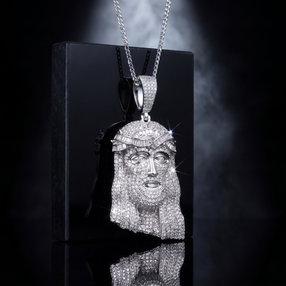 14k White Gold Iced Out Jesus Face Pendant