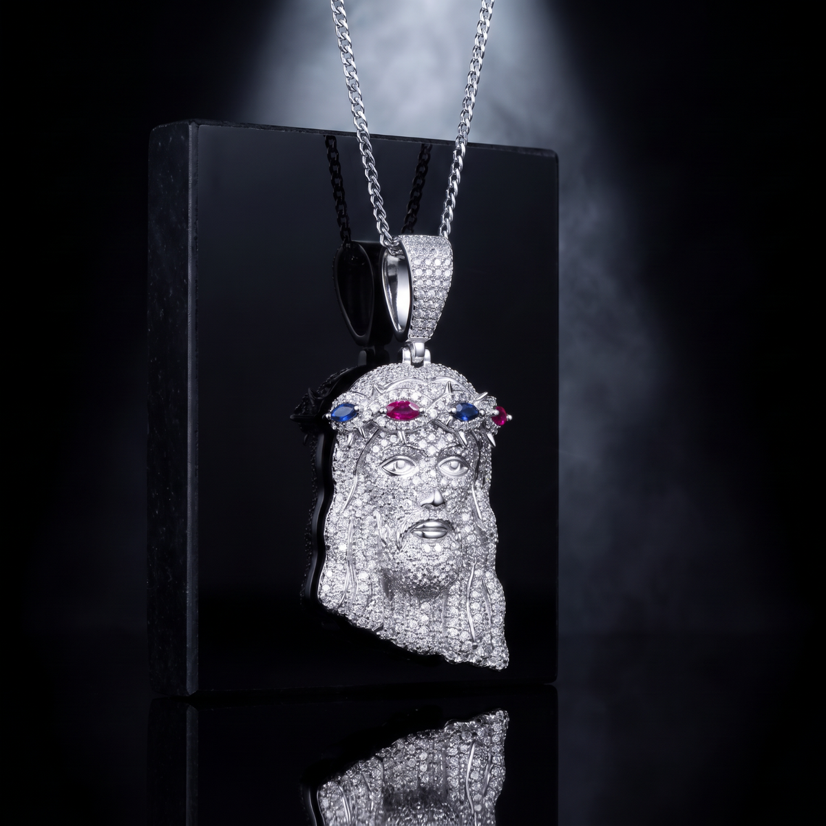 14k White Gold Iced Out Multicolor Jesus Crown of Thorns Pendant - Small