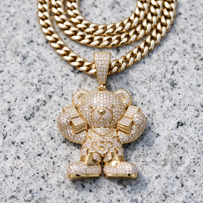 14k Gold Iced Out Teddy Bear Money Pendant