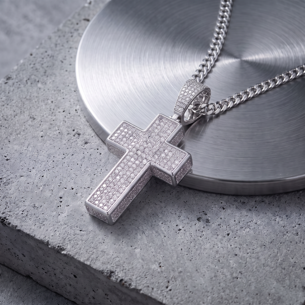 14k White Gold Iced Out 3D Cross Pendant - Medium