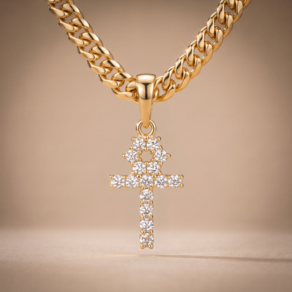 14k Gold Iced Out Tennis Ankh Cross Pendant