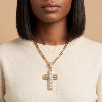 14k Gold Iced Out 3D Iced Baguette Cross - Small