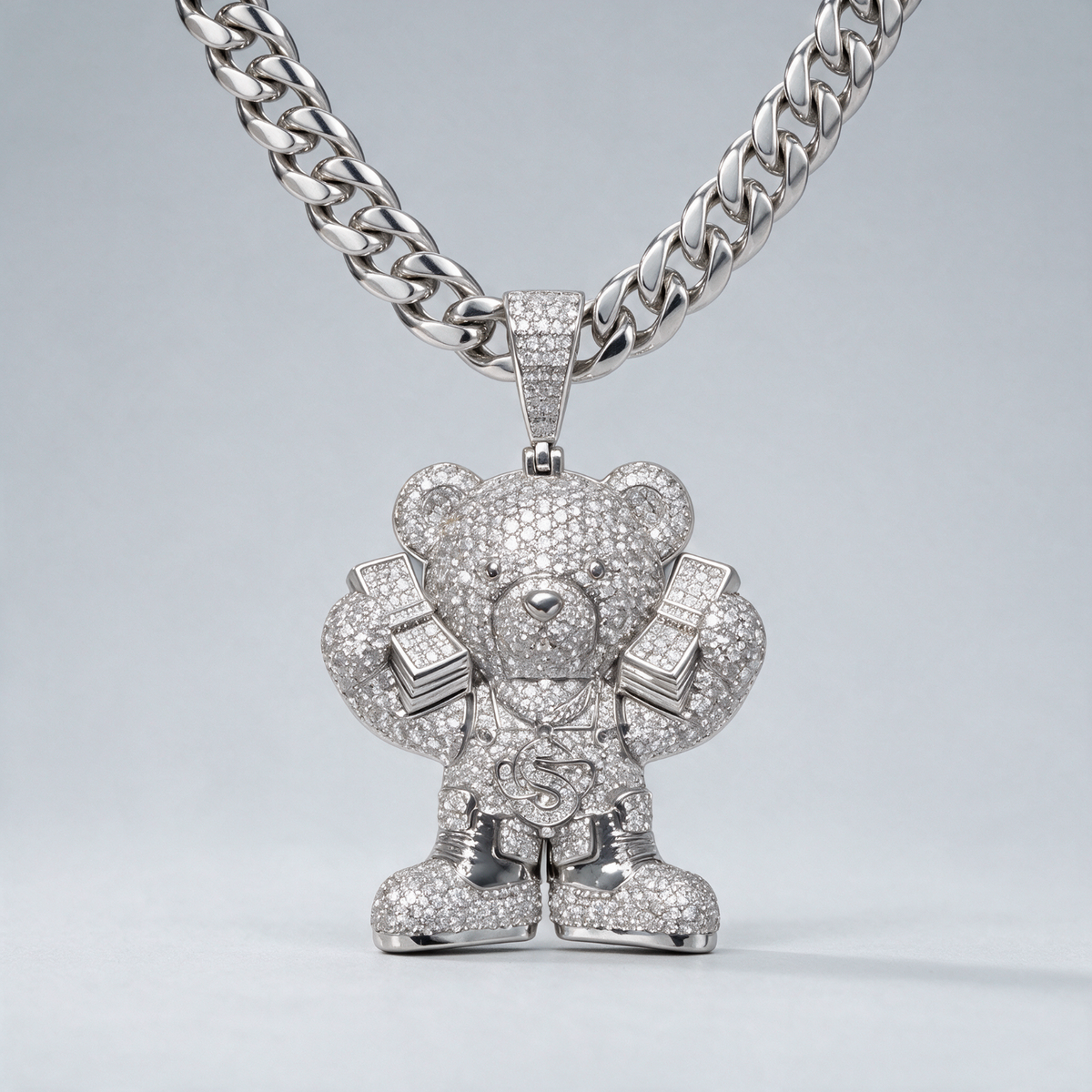 14k White Gold Iced Out Teddy Bear Money Pendant