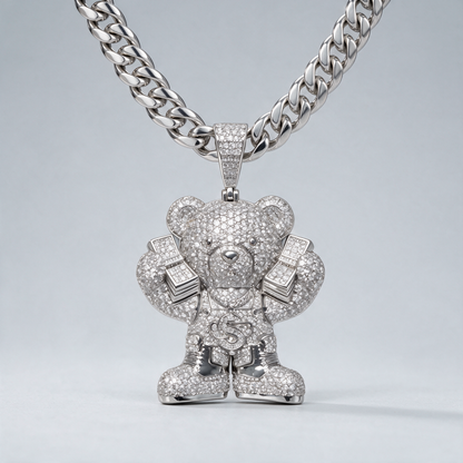 14k White Gold Iced Out Teddy Bear Money Pendant