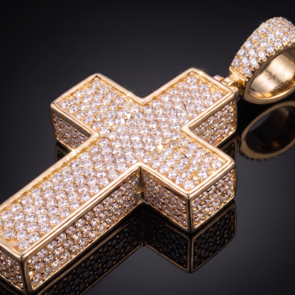 14k Gold Iced Out 3D Cross Pendant - Large