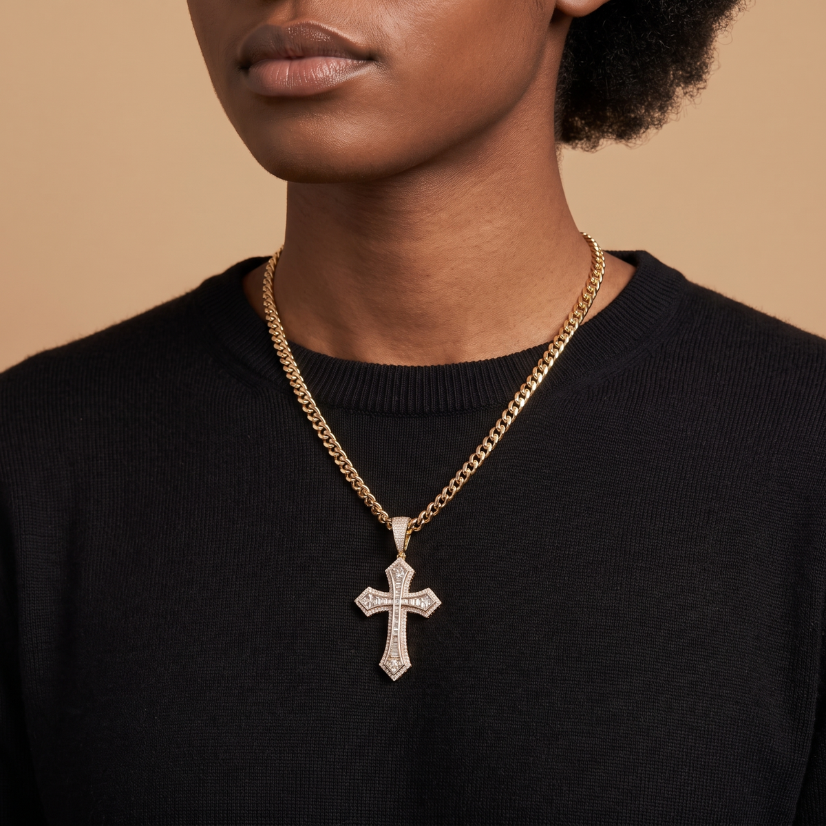 14k Gold Iced Out Baguette Cross Pendant
