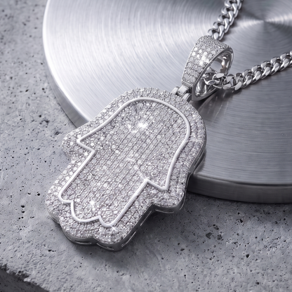 14k White Gold Iced Out Hamsa Hand Pendant - Medium