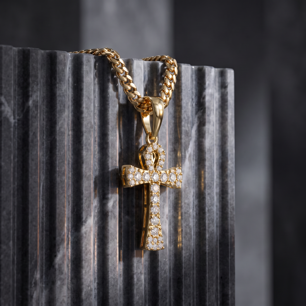 14k Gold Iced Out Tennis Ankh Cross Pendant