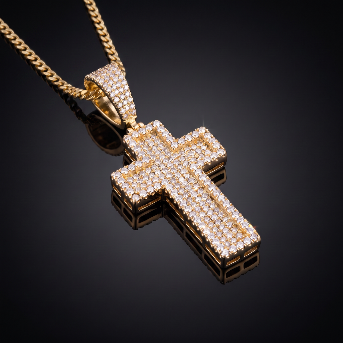 14k Gold Iced Out 3D Layered Cross Pendant - Large