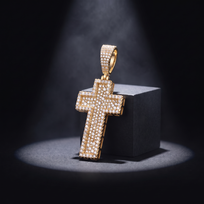 14k Gold Iced Out 3D Layered Cross Pendant - Large