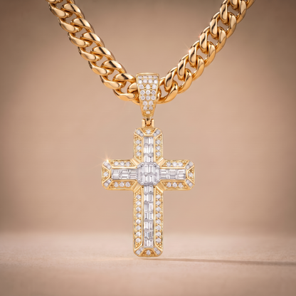14k Gold Iced Out 3D Baguette Cross - Large