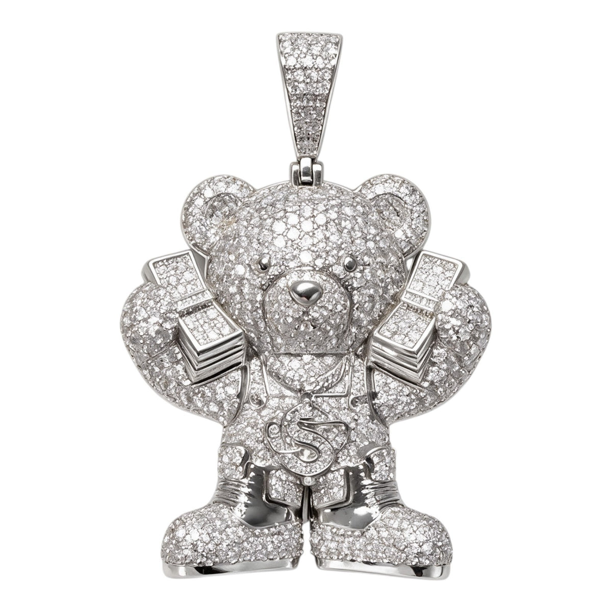 14k White Gold Iced Out Teddy Bear Money Pendant