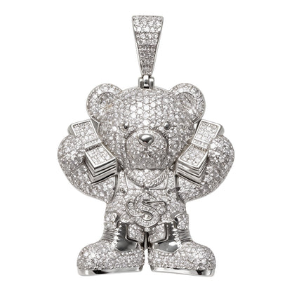 14k White Gold Iced Out Teddy Bear Money Pendant