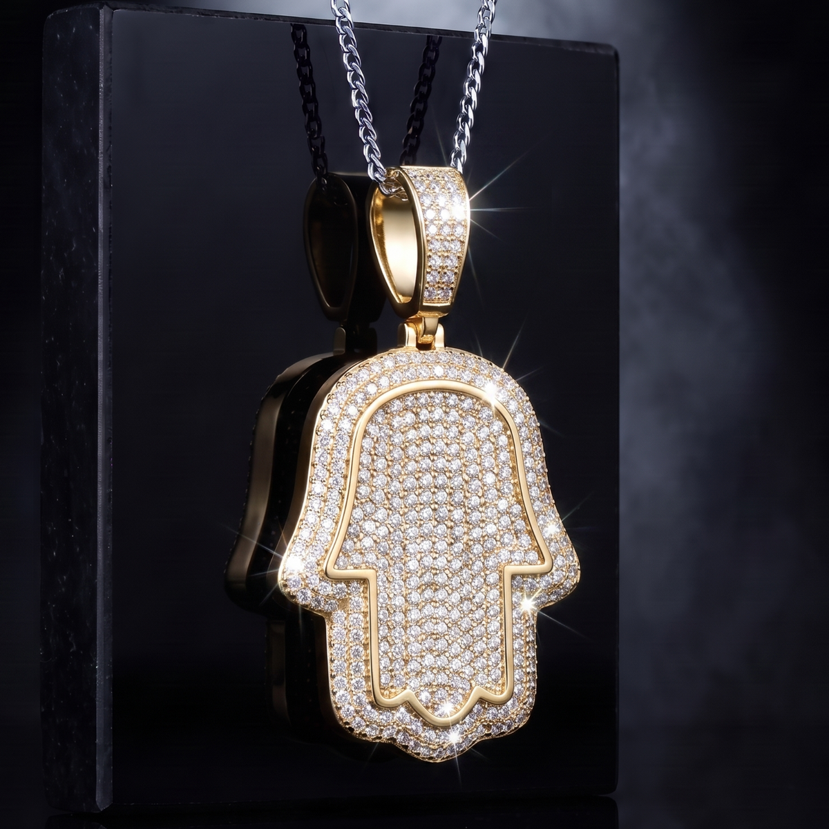 14k Gold Iced Out Hamsa Hand Pendant - Medium