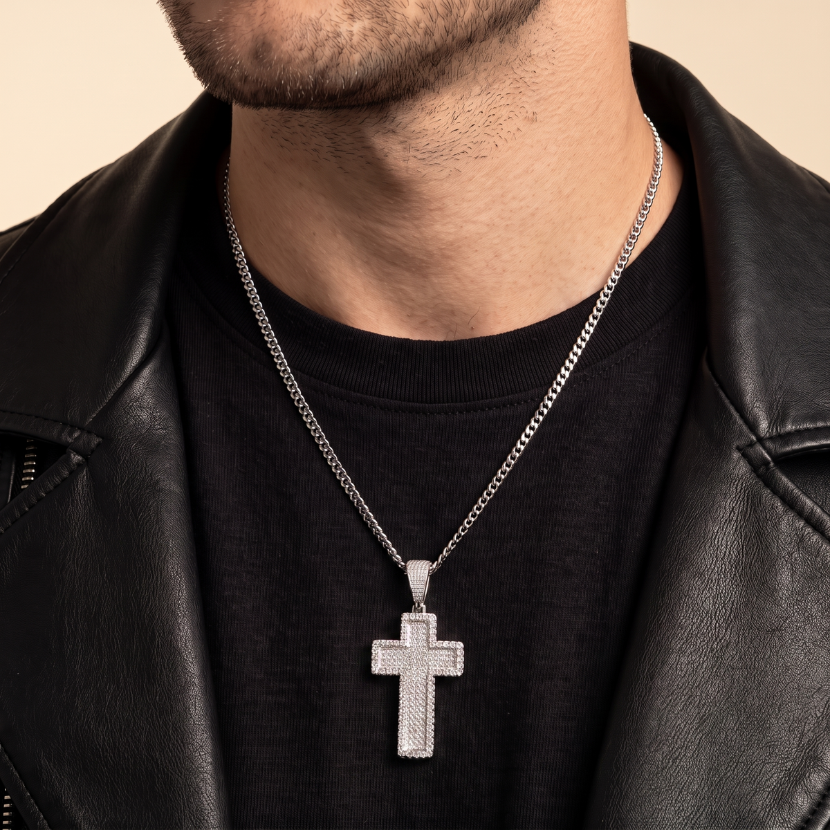 14k White Gold Iced Out 3D Layered Cross Pendant - Medium