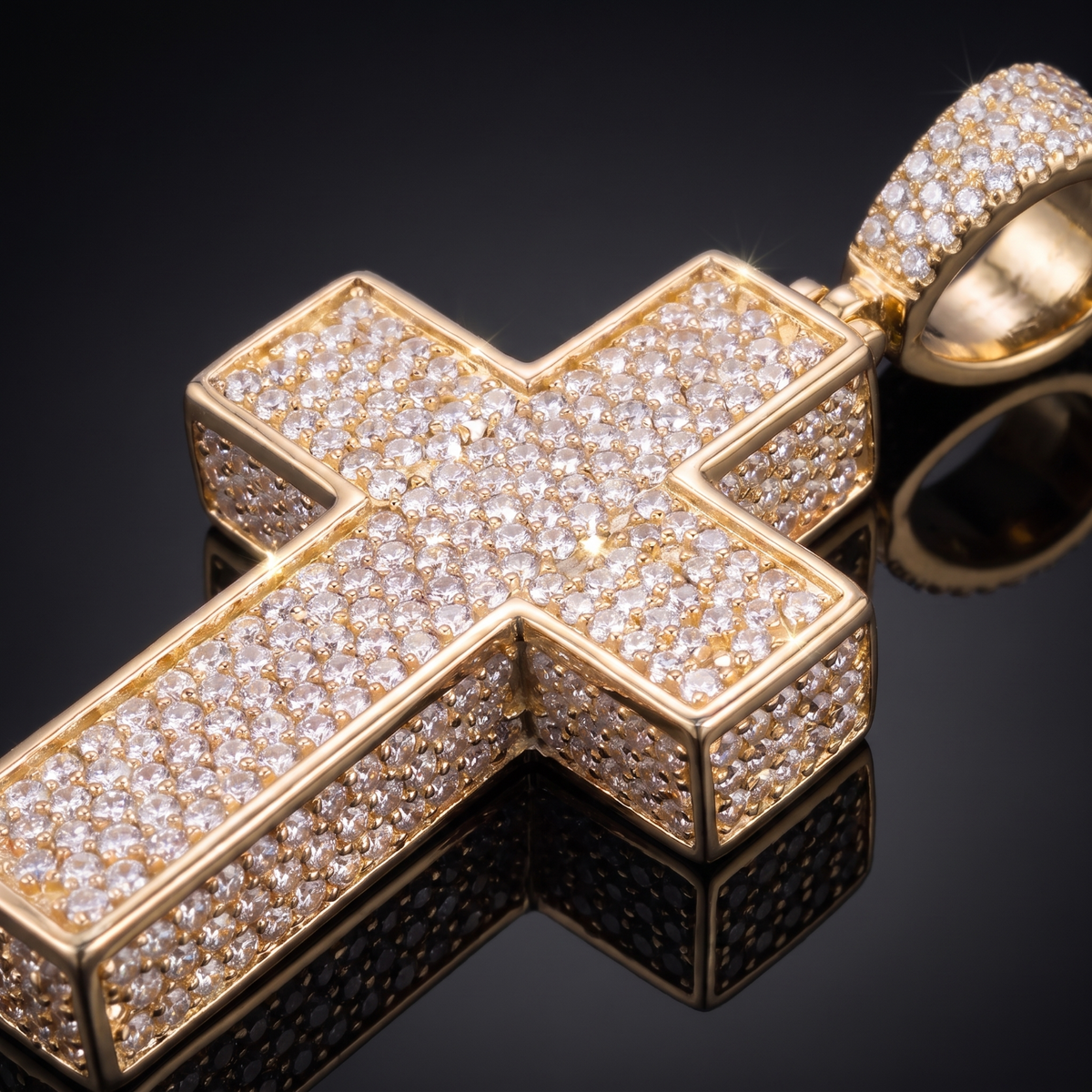 14k Gold Iced Out 3D Cross Pendant - Medium