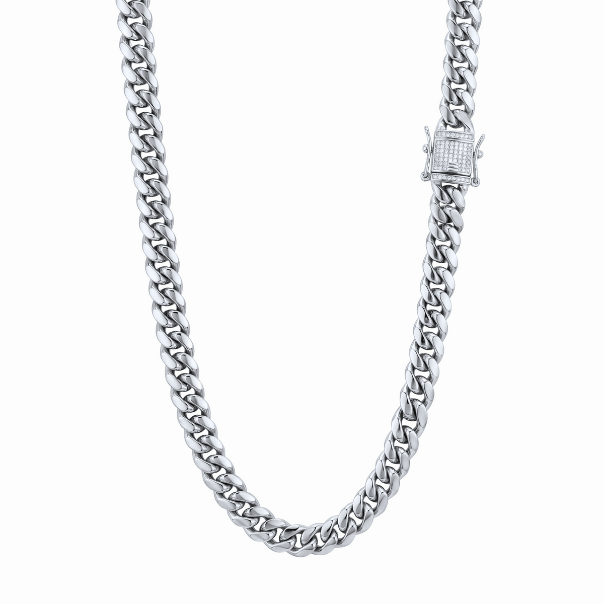 14k White Gold 8mm Miami Cuban Chain Necklace Diamond Clasp