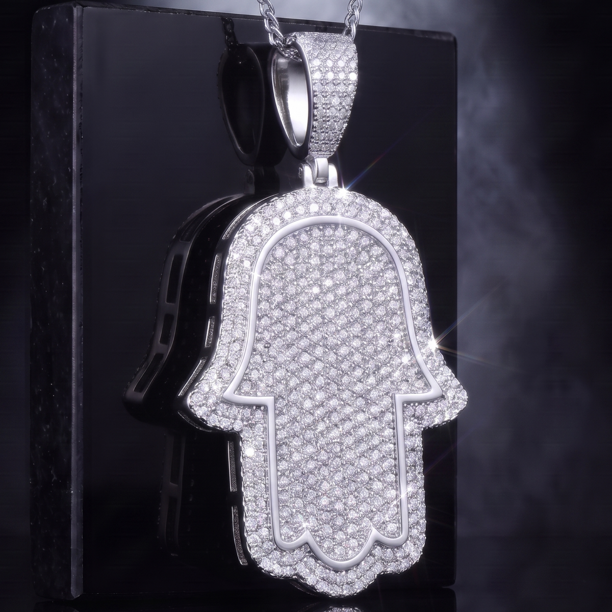 14k White Gold Iced Out Hamsa Hand Pendant - Large
