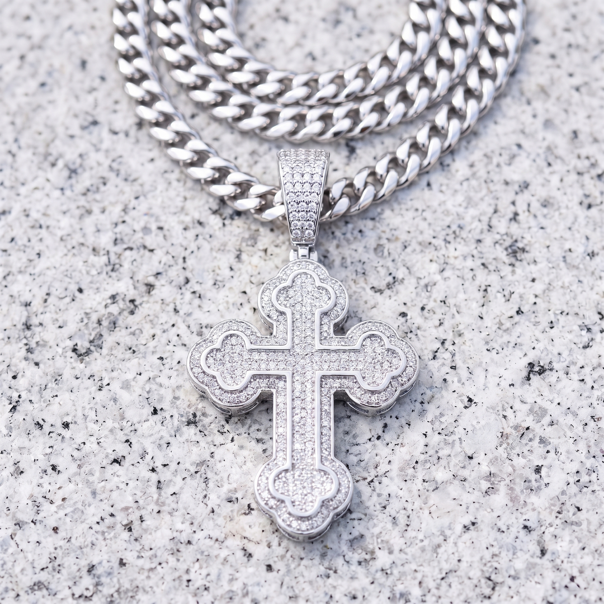 14k White Gold Iced Out Budded Cross Pendant