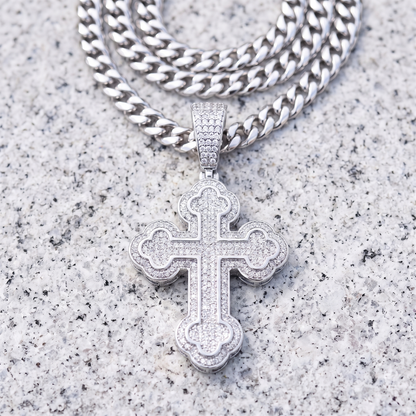 14k White Gold Iced Out Budded Cross Pendant