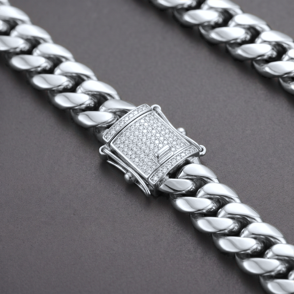 14k White Gold 12mm Miami Cuban Chain Necklace Diamond Clasp