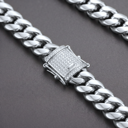 14k White Gold 12mm Miami Cuban Chain Necklace Diamond Clasp