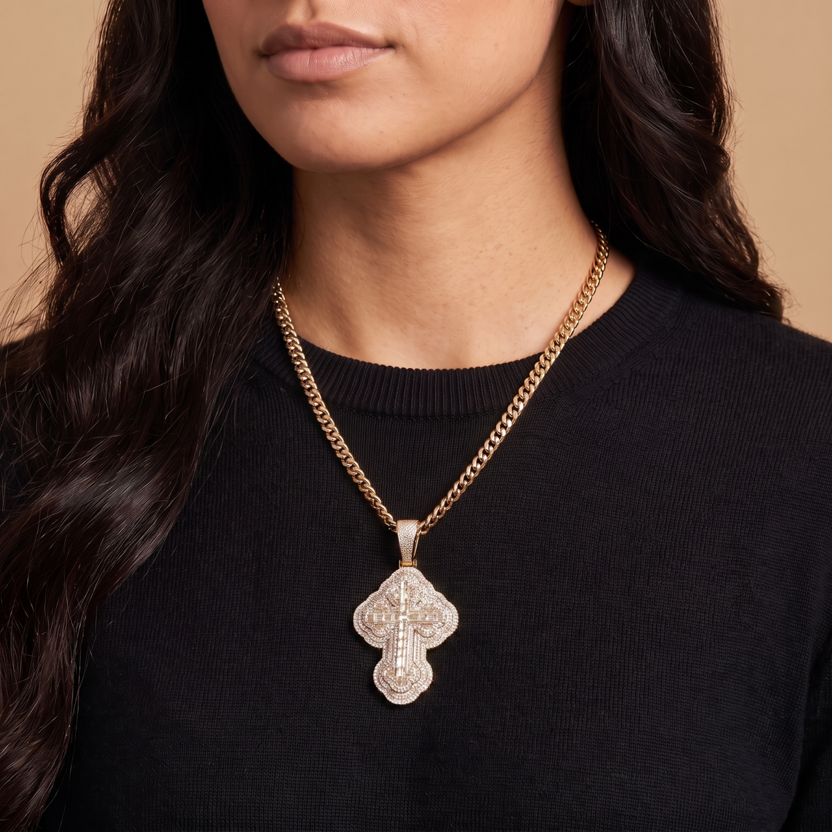 14k Gold Iced Out 3D Iced Baguette Cross - Medium