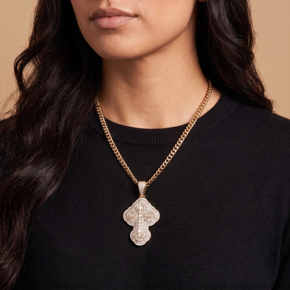 14k Gold Iced Out 3D Iced Baguette Cross - Medium