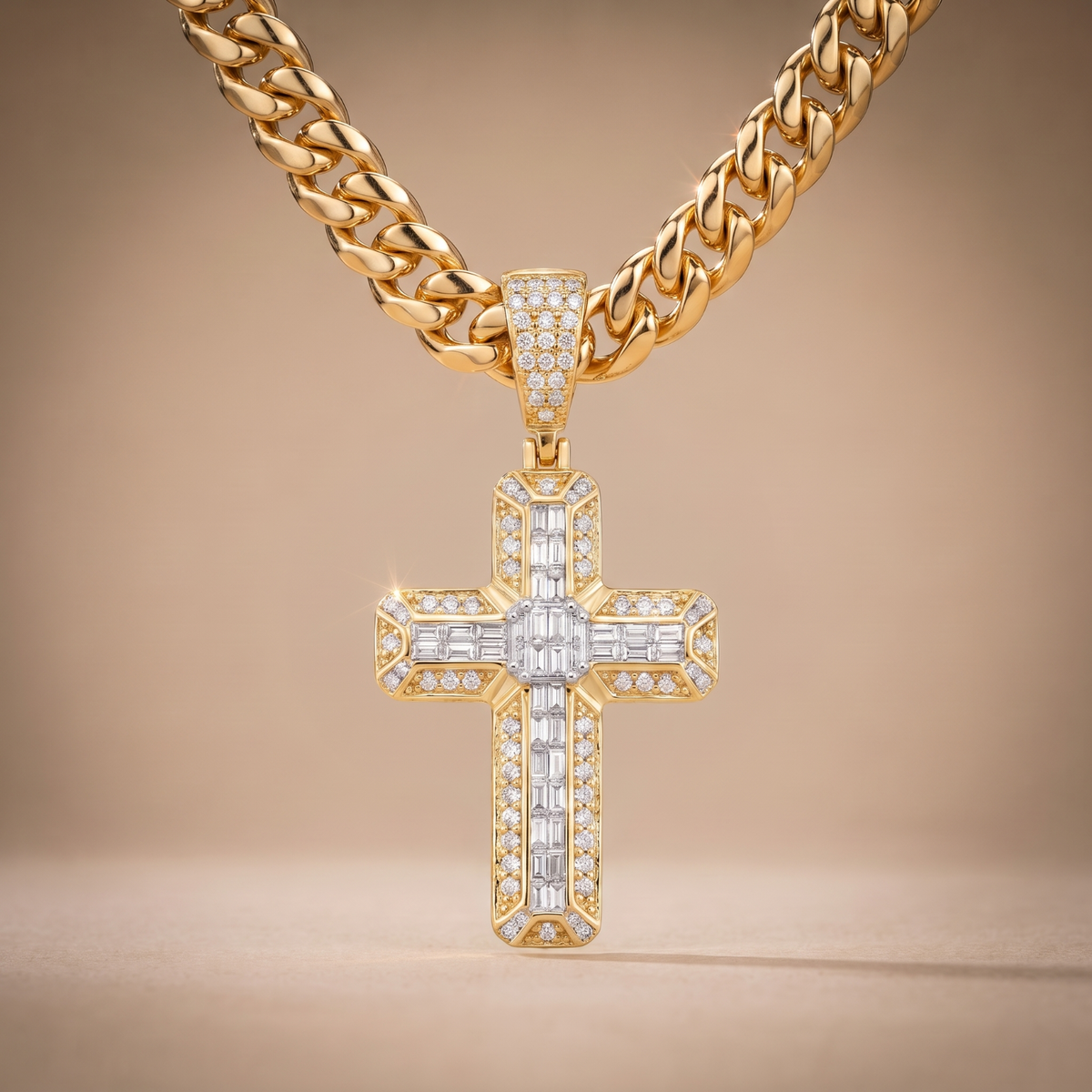 14k Gold Iced Out 3D Baguette Cross - Medium