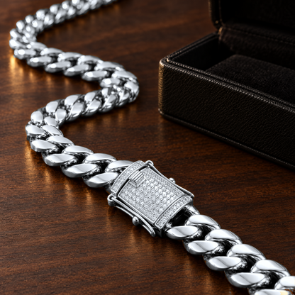 14k White Gold 12mm Miami Cuban Chain Necklace Diamond Clasp