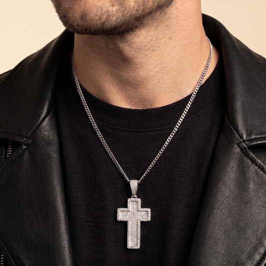 14k White Gold Iced Out 3D Layered Cross Pendant - Large