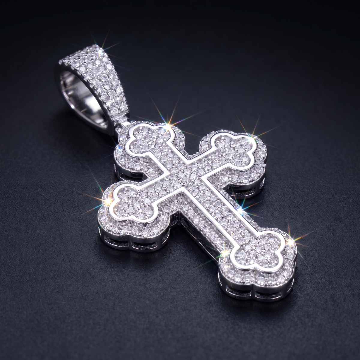 14k White Gold Iced Out Budded Cross Pendant