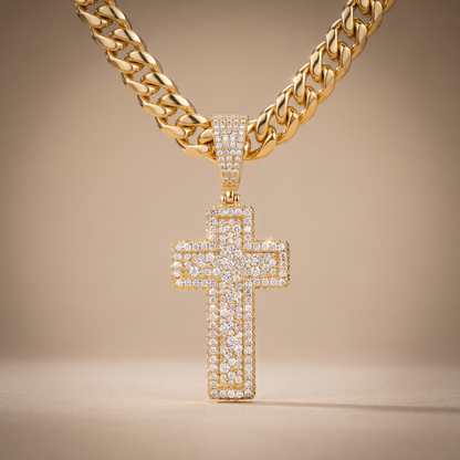 14k Gold Iced Out 3D Layered Cross Pendant - Small