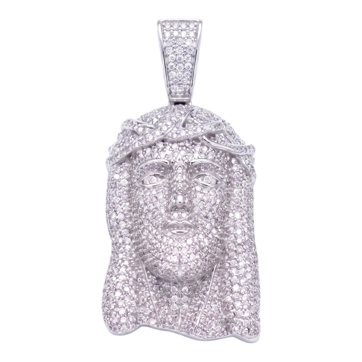 14k White Gold Iced Out Jesus Face Crown of Thorns Pendant