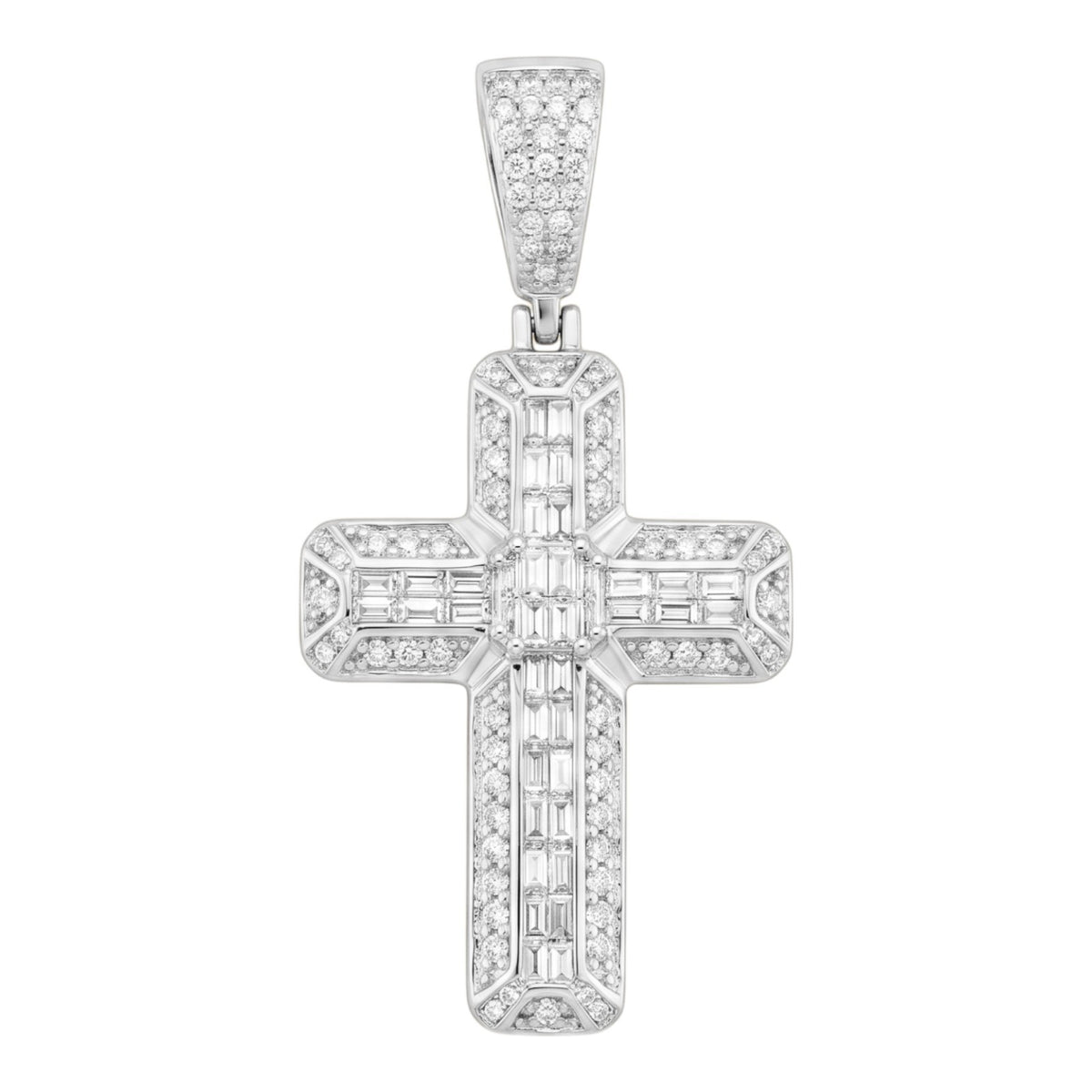 14k White Gold Iced Out 3D Baguette Cross - Large