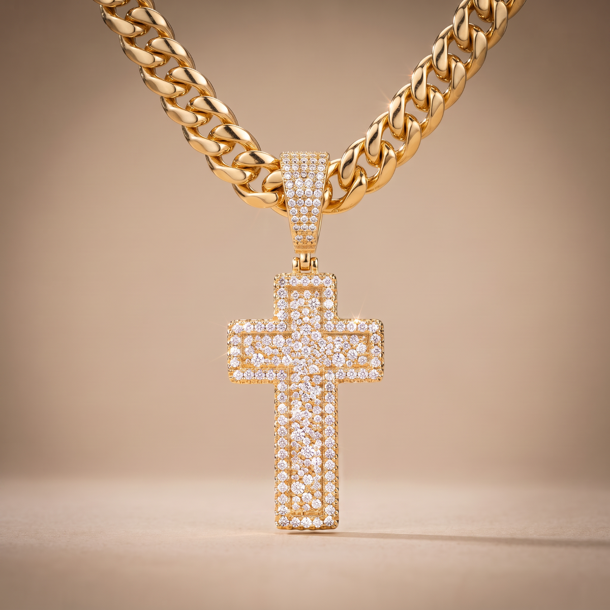 14k Gold Iced Out 3D Layered Cross Pendant - Medium