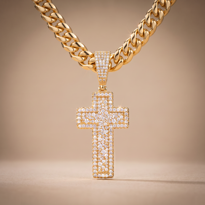 14k Gold Iced Out 3D Layered Cross Pendant - Medium
