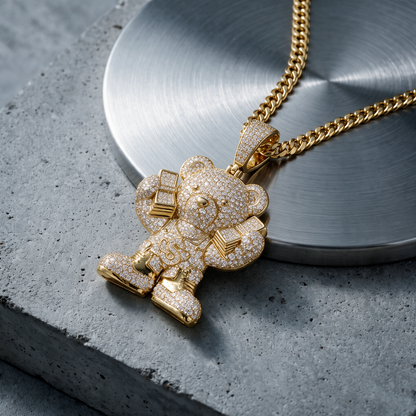 14k Gold Iced Out Teddy Bear Money Pendant
