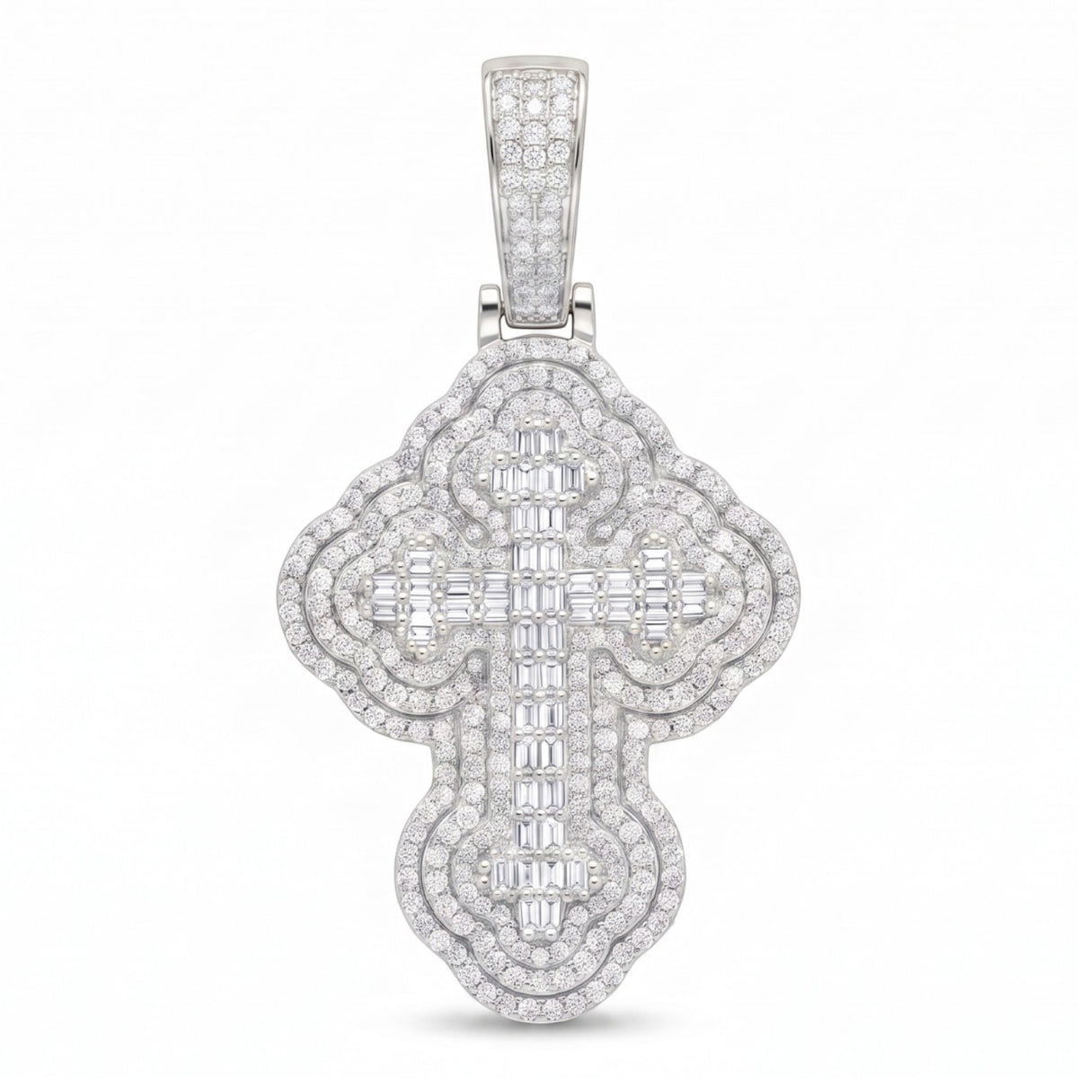 14k White Gold Iced Out 3D Iced Baguette Cross - Large